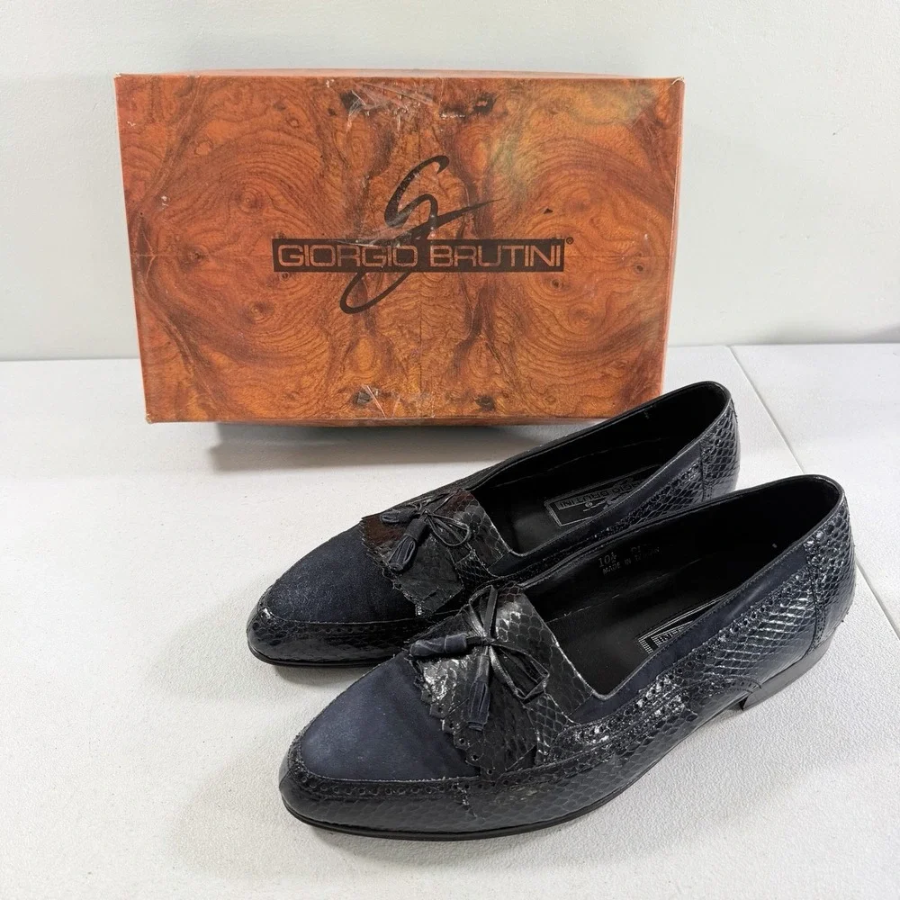 Giorgio Brutini Genuine Reptile Suede Navy Blue‎ Slip On Loafers Men's Size 10.5